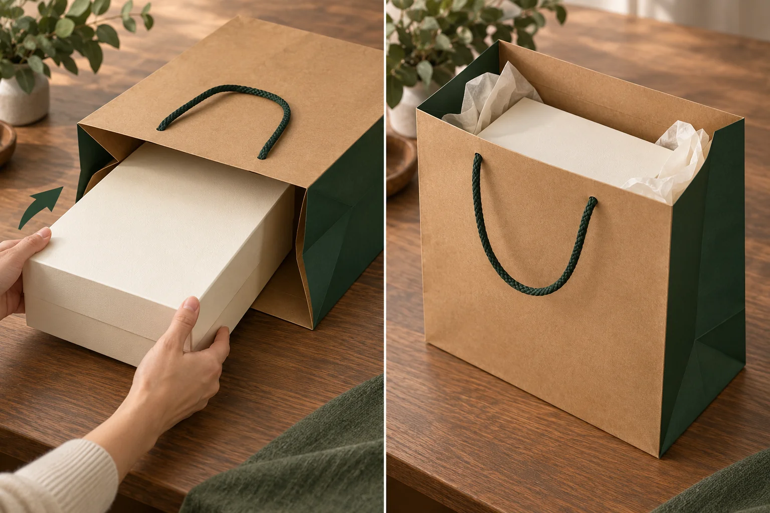Tragetasche mit breiter Seitenfalte nimmt eine große Geschenkbox auf, daneben die gefüllte Ansicht.