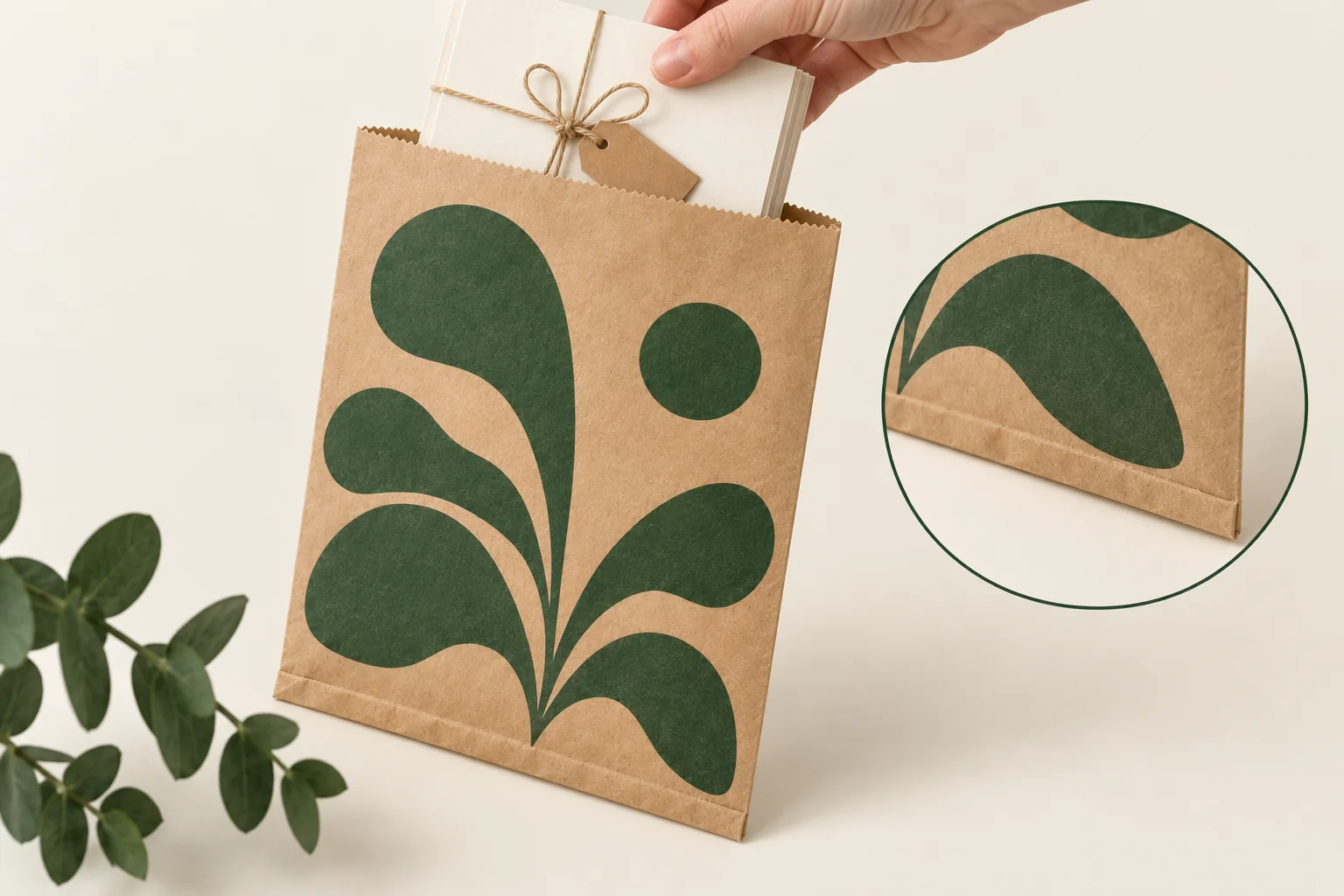 Dünne Warentüte aus Papier ohne Griffe mit flachem Geschenk und Nahaufnahme der Kreuzbodennaht.