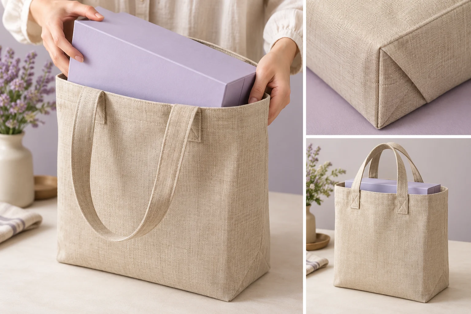 Stofftasche mit Kastenboden nimmt eine Geschenkbox auf, mit Griffbefestigung und Bodeneckennähten.
