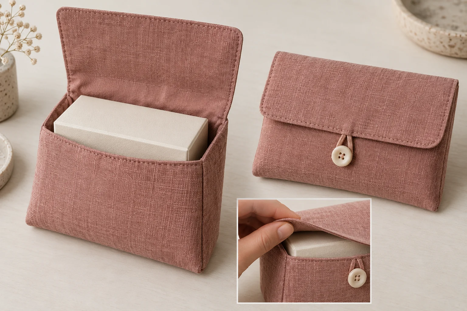 Stoffbeutel mit Klappe: offen und geschlossen, Knopfschlaufenverschluss und Zugriff mit der Hand um die Box.