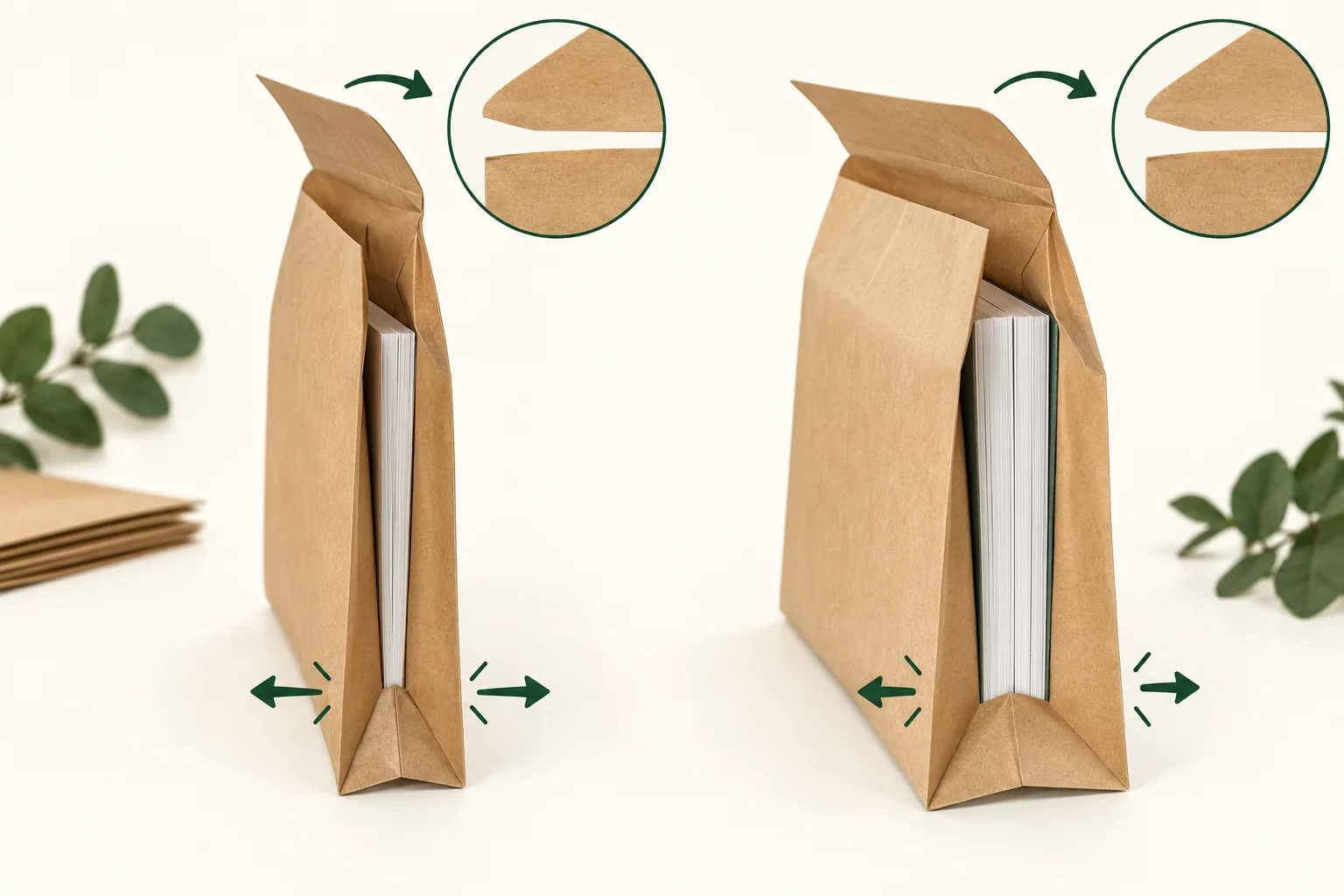 Konzepte für erweiterbare Versandtaschen aus Kraftpapier, schmal und dicker gefüllt, mit Details zu Seitenfalte, Boden und Klappe.