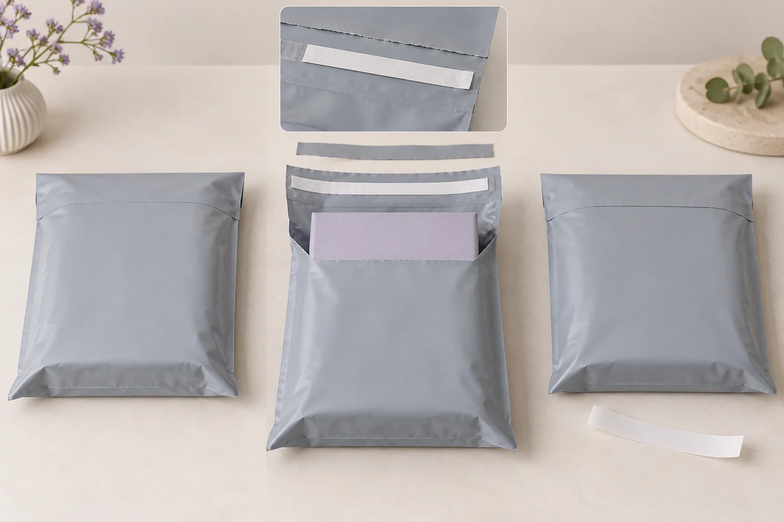 Konzept einer Retouren-Versandtasche aus Folie mit zwei getrennten Klebestreifen und unterschiedlichen offenen und geschlossenen Inhaltszuständen.