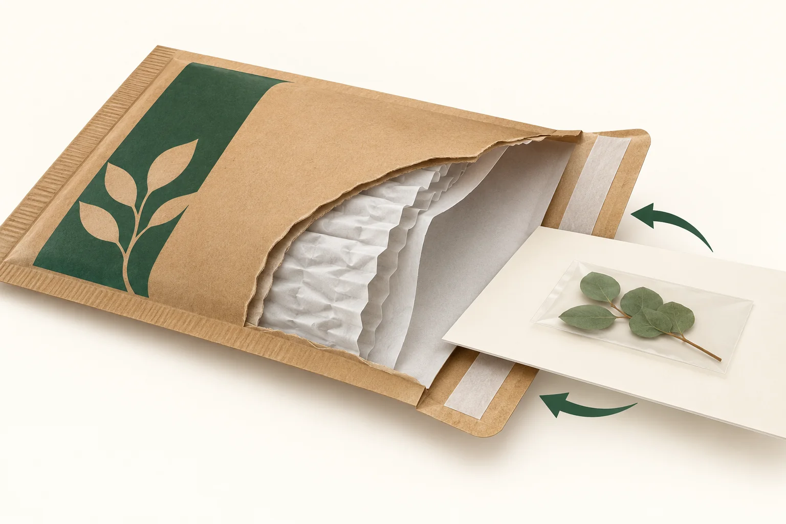 Schnittkonzept eines Papierumschlags mit äußerem Papier, strukturierter Polsterung und Karte, mit Pfeilen für Öffnen und Schließen.