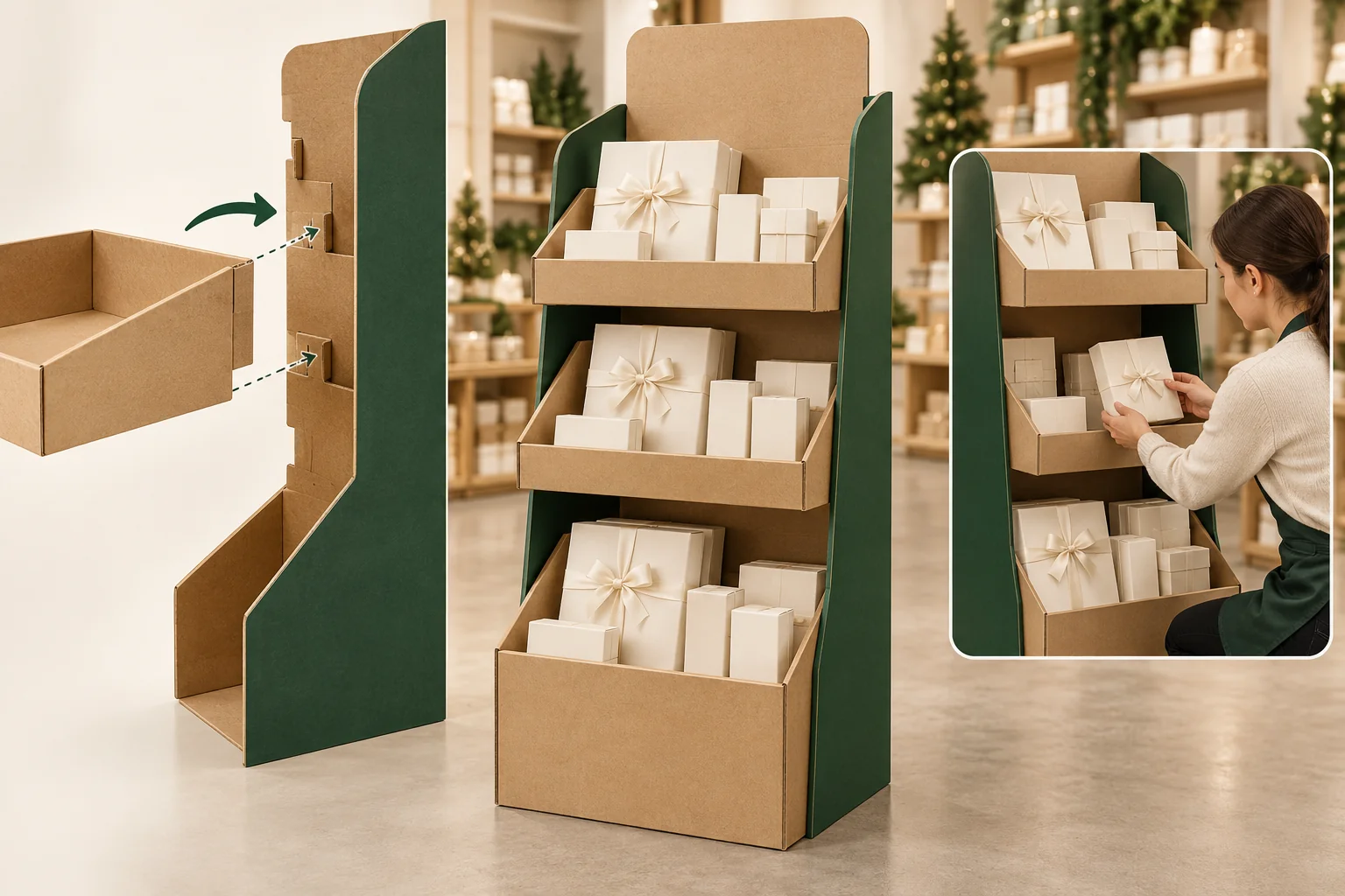 Bodendisplay-Rahmen nimmt eine separate Schale in Seitenschlitzen auf, neben gefülltem Ständer und Kunden- bzw. Nachfüllansicht.