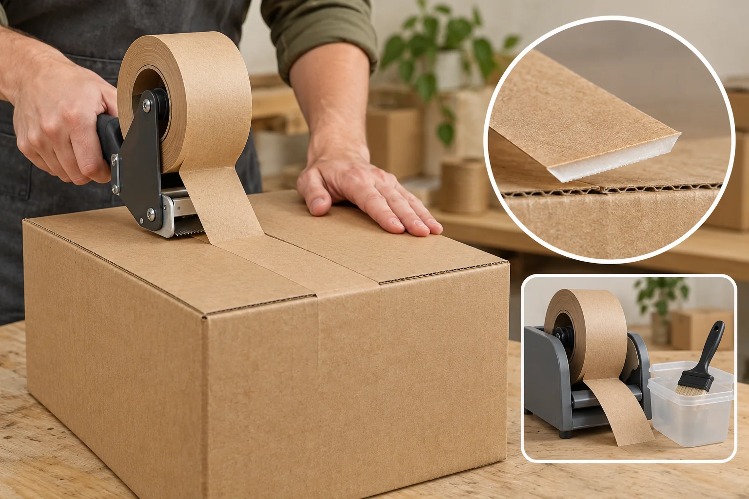 Handabroller für selbstklebendes Papierband auf einem Karton, mit Schnitt durch Träger und Klebstoff und separatem Vergleich mit einem Befeuchtungsgerät.