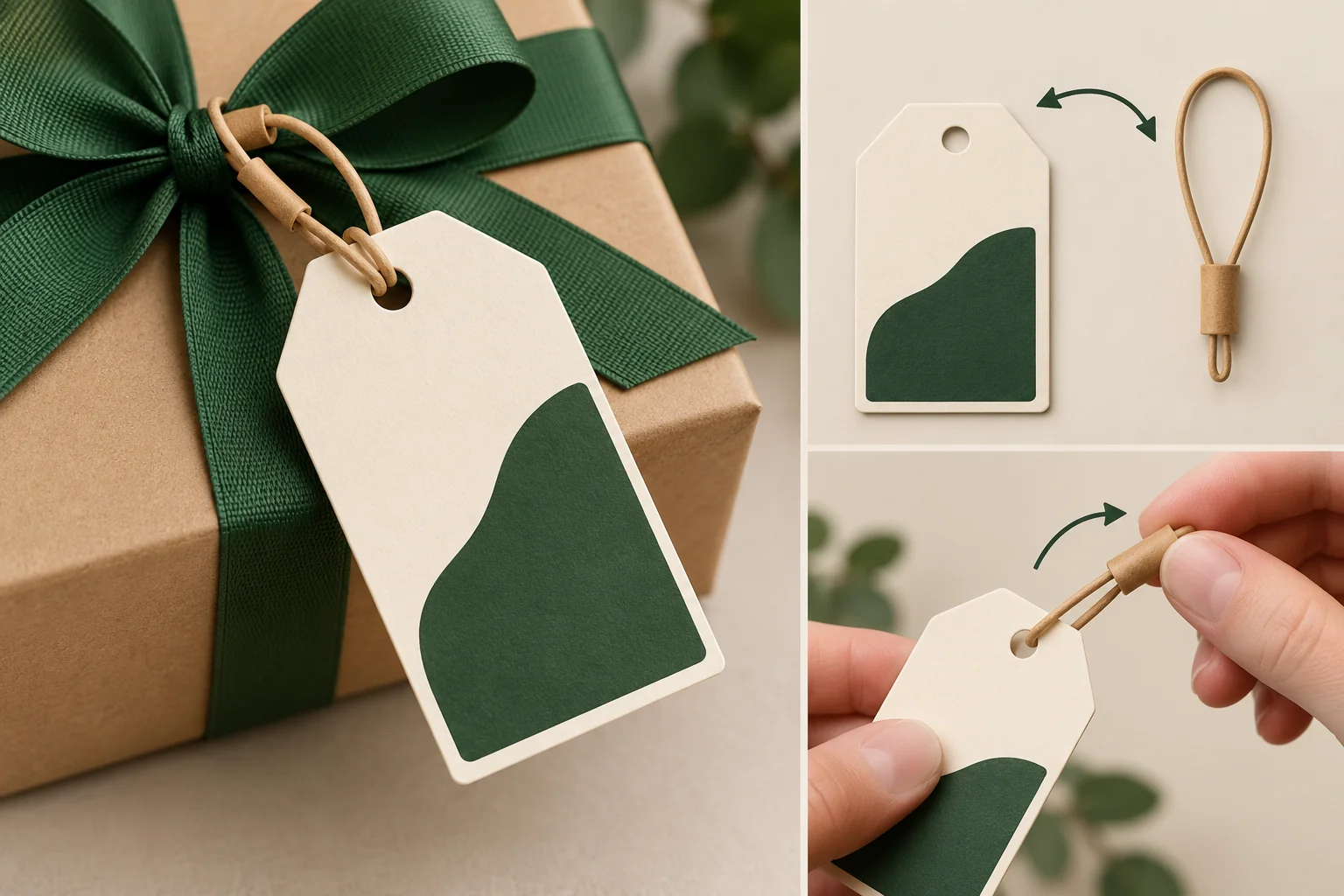 Geschenkanhänger an einem Band mit sichtbarem Loch, separatem Schlaufenverschluss und Detail der Handbewegung.