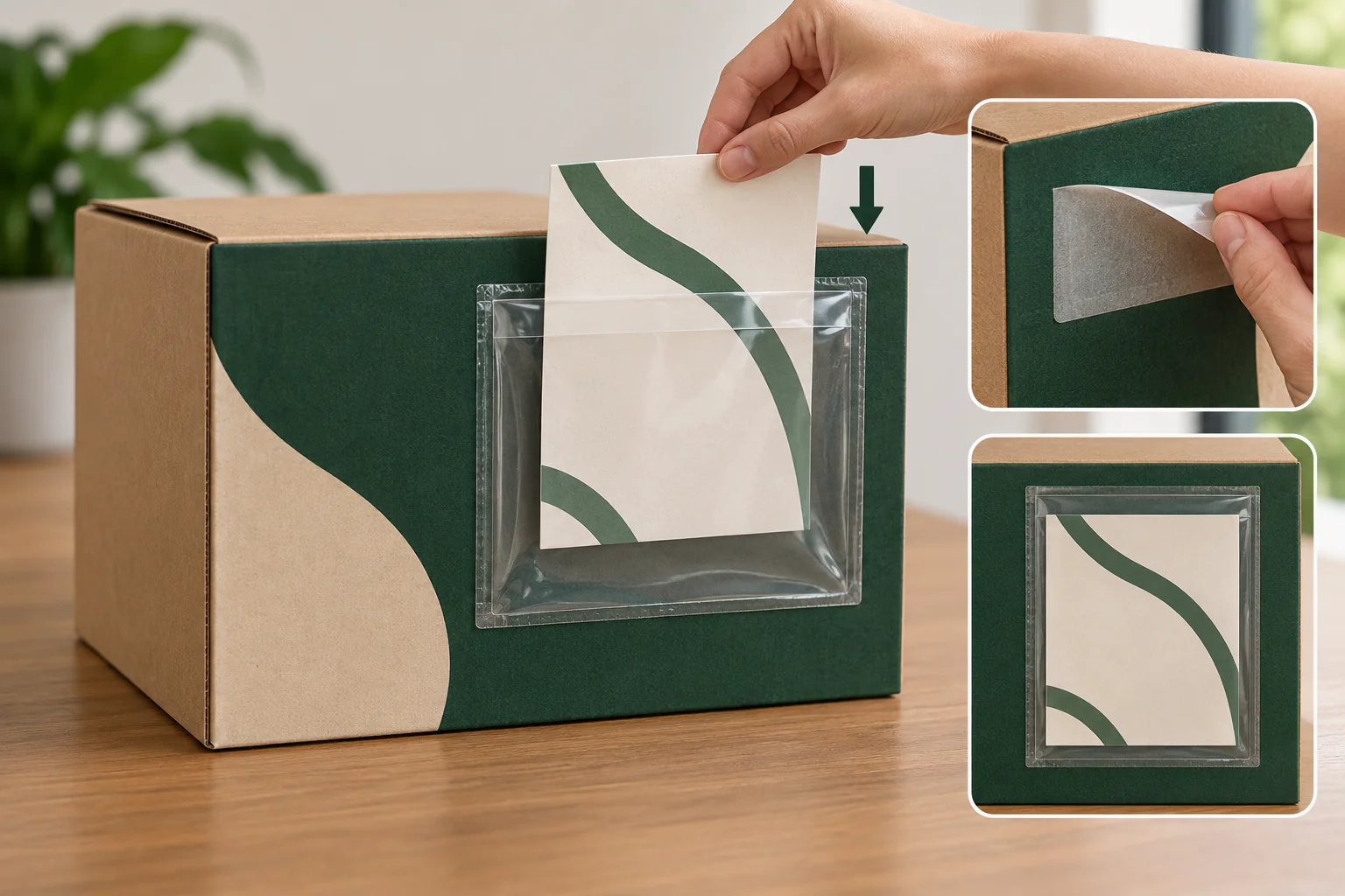 Transparente Dokumententasche auf einem Umkarton: Einlegen des Papiers, separates Abziehen der Schutzfolie und bestückte Referenzansichten.