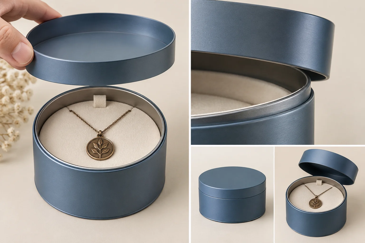 Konzept einer runden Metalldose mit Stülpdeckel: separater Deckel, Nahaufnahme des Randeingriffs sowie bestückte und geschlossene Ansicht.