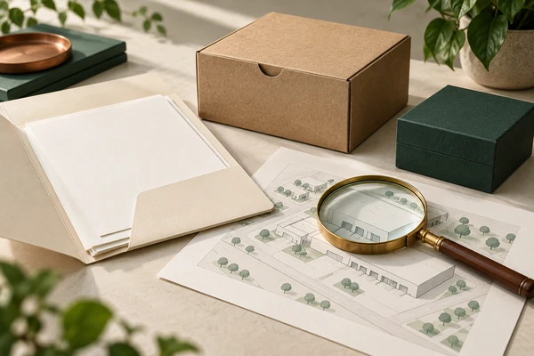 Blank document folder, packaging samples and a magnifier over a site plan