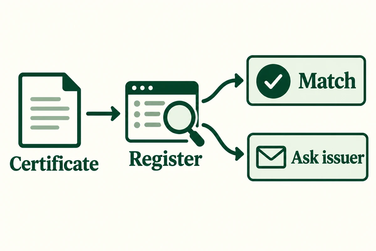Certificate and register search leading to a match or an issuer enquiry