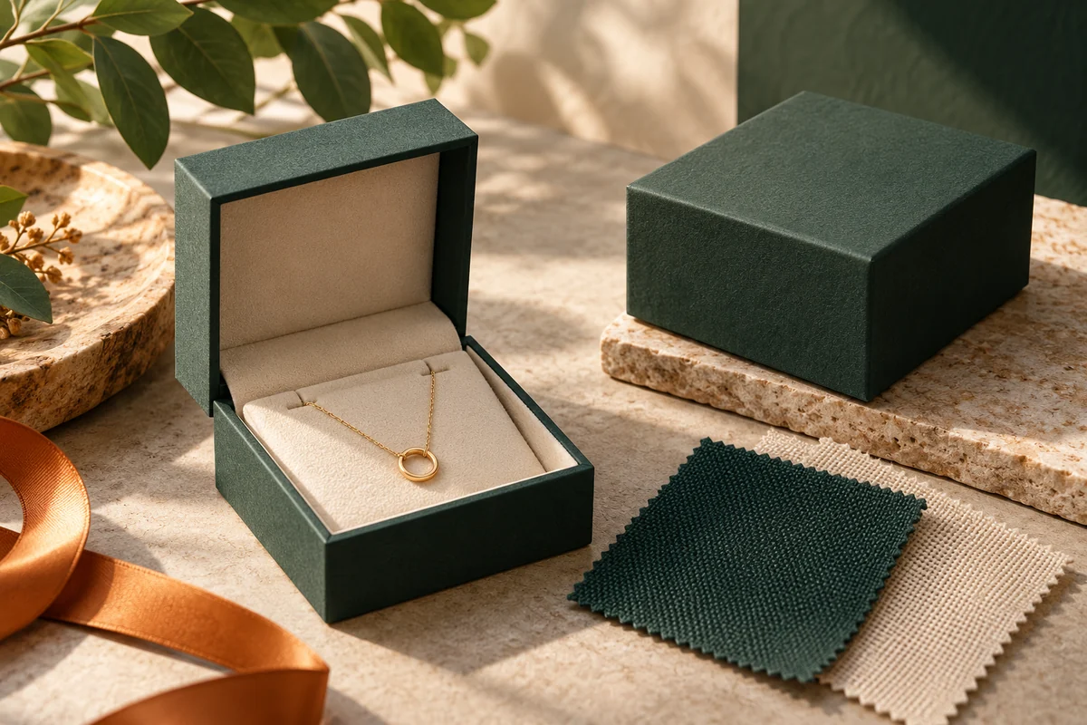 A rigid jewelry gift box beside paper and woven-cover samples