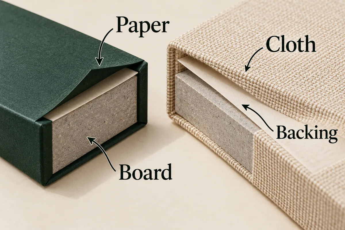 Paper over board compared with woven cloth and a separate backing