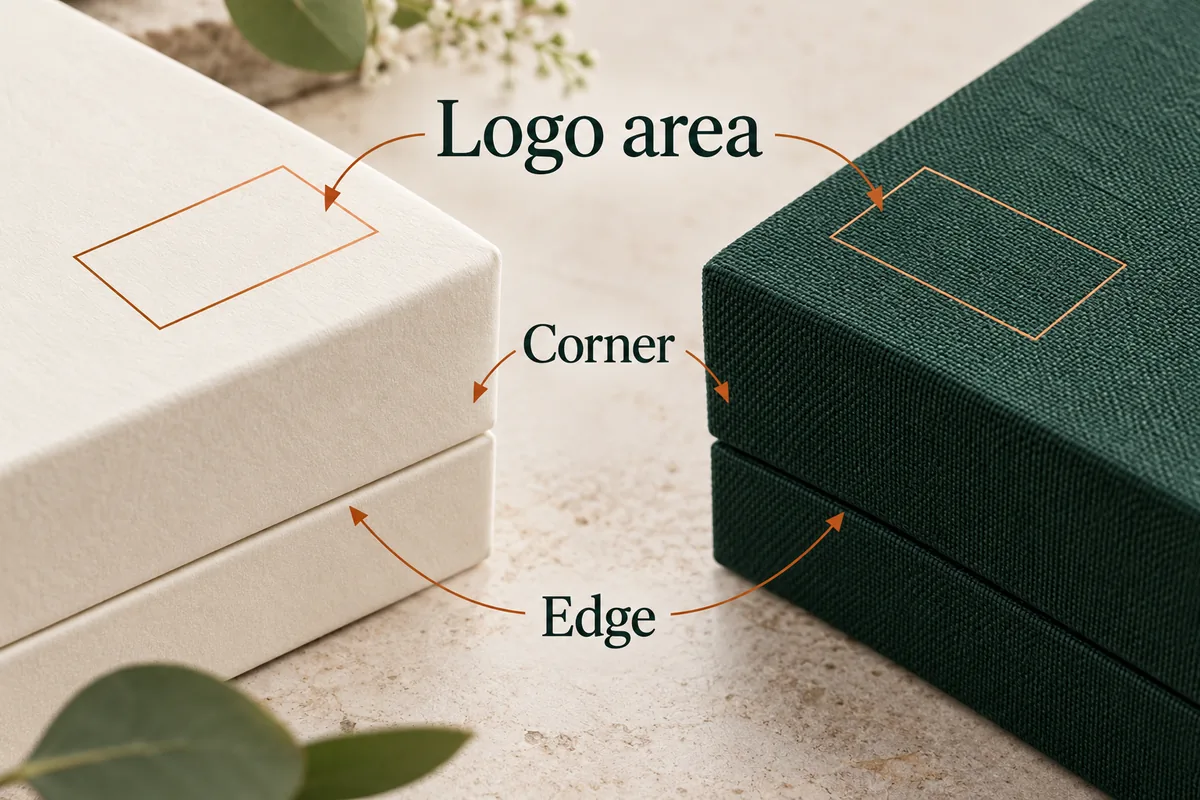 Paper and woven-cover corners with edge and proposed logo areas