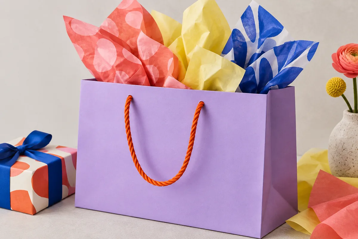 Concept gift bag and tissue set in a retail handoff