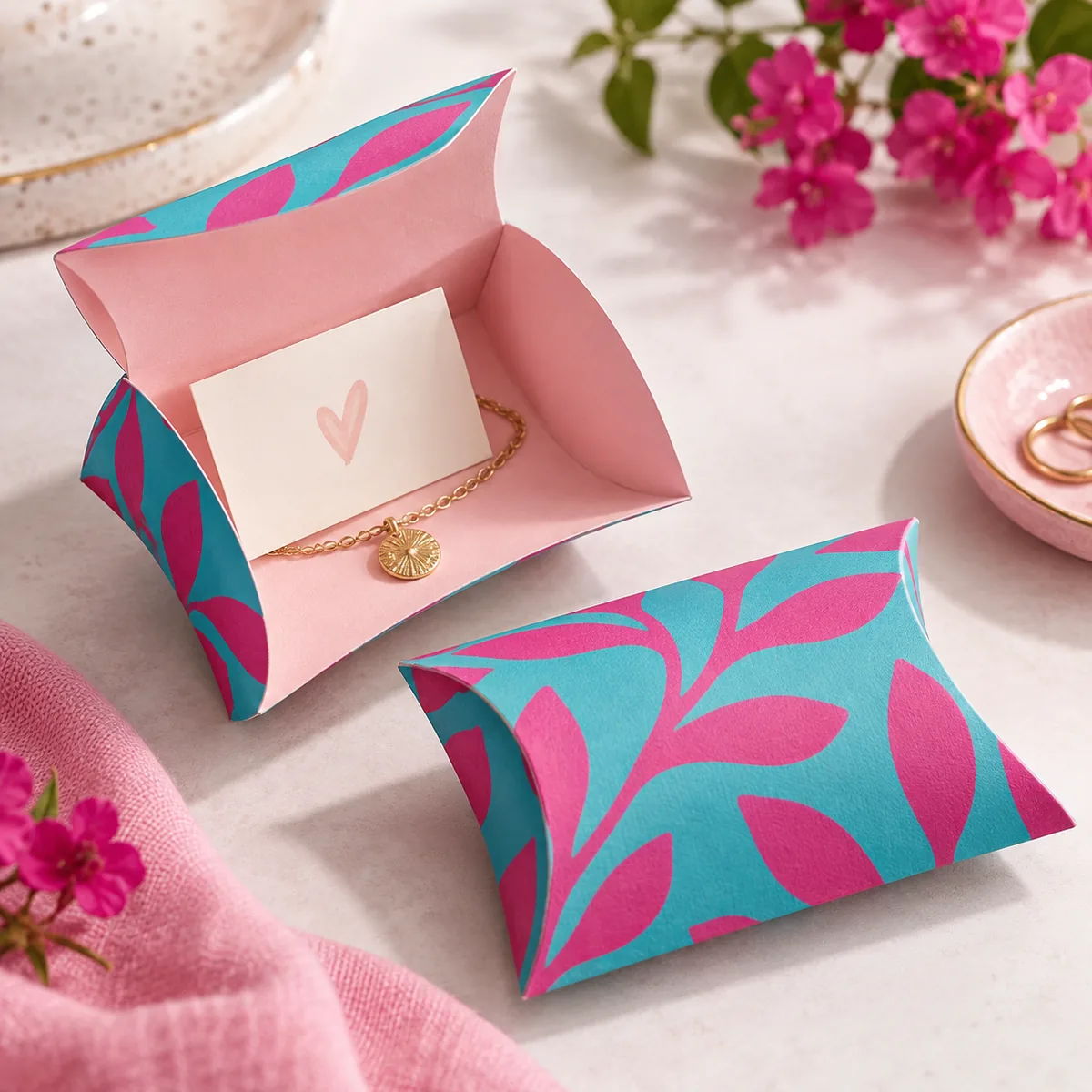 Geschwungene Papier-Schmuckverpackung in Kissenform mit leuchtendem Türkis-Pink-Muster.