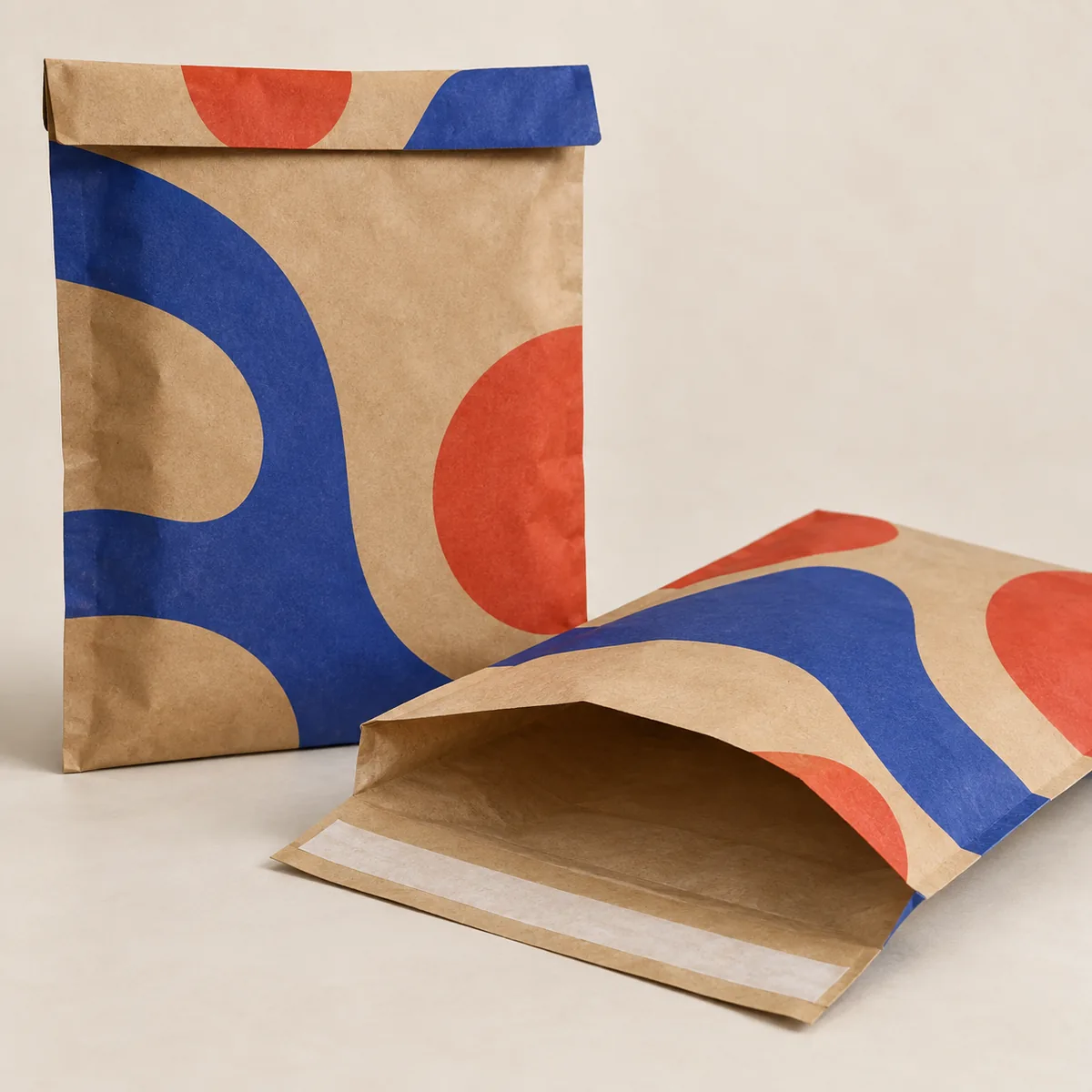 Versandtasche aus Kraftpapier mit kräftigen blauen und korallenroten Grafikbögen.