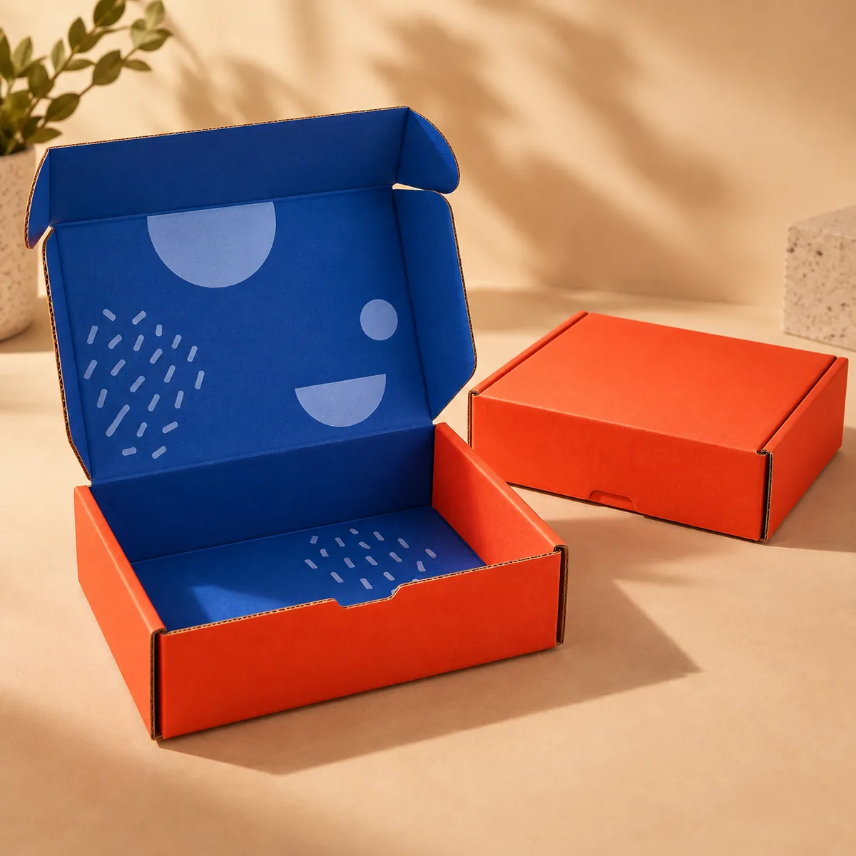 Geöffnete Versandbox aus Wellpappe mit Frontverschluss und farbiger Innenseite.