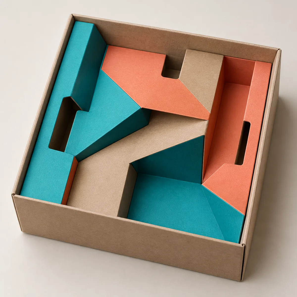 A folded paperboard insert with shaped openings and a contrasting sleeve.
