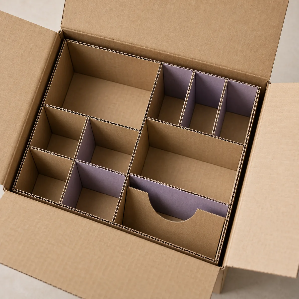 A corrugated divider inlay creating separate compartments inside a shipping carton.